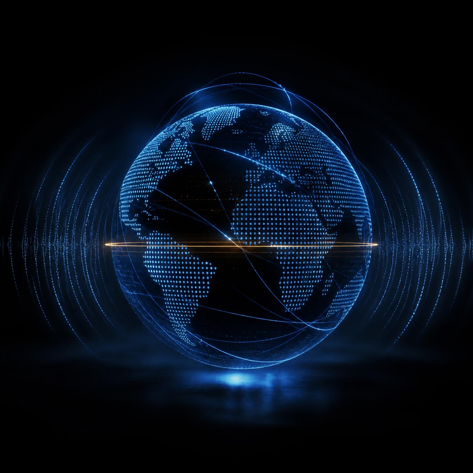 Digital globe formed from points of light with sound waves radiating outward