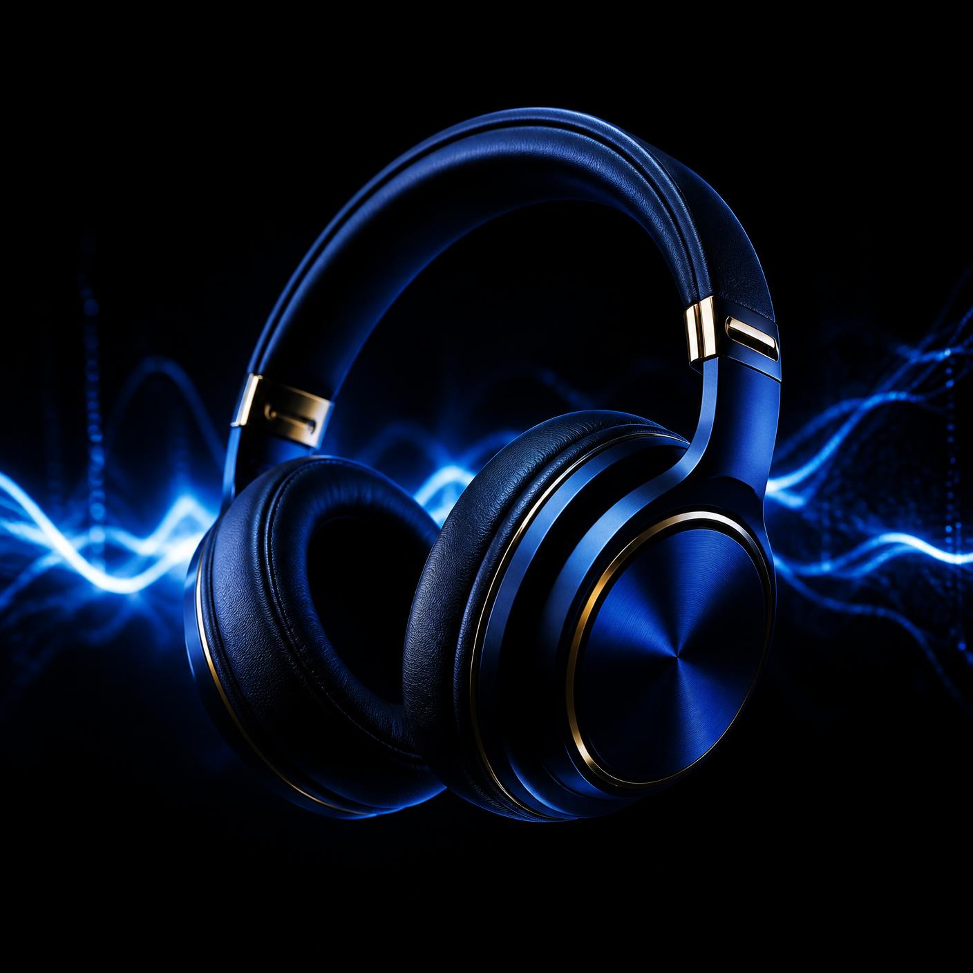 Premium over-ear headphones lit in blue with sound waves behind them