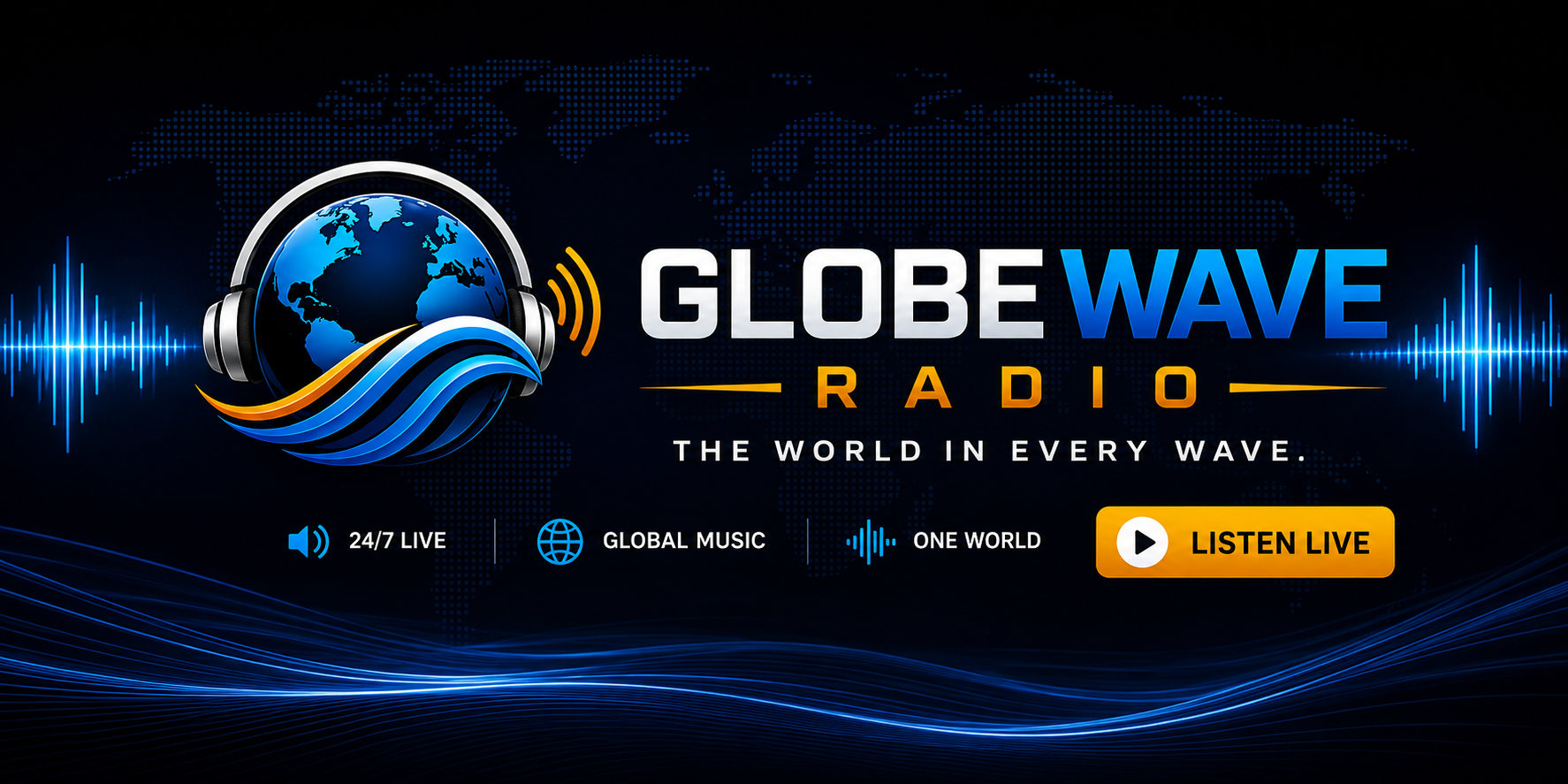 GlobeWave Radio brand banner: globe with headphones, blue waves and the line The World in Every Wave