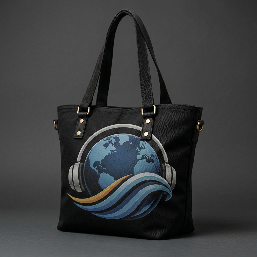 Black canvas tote bag with the GlobeWave Radio globe-and-headphones logo printed on the front
