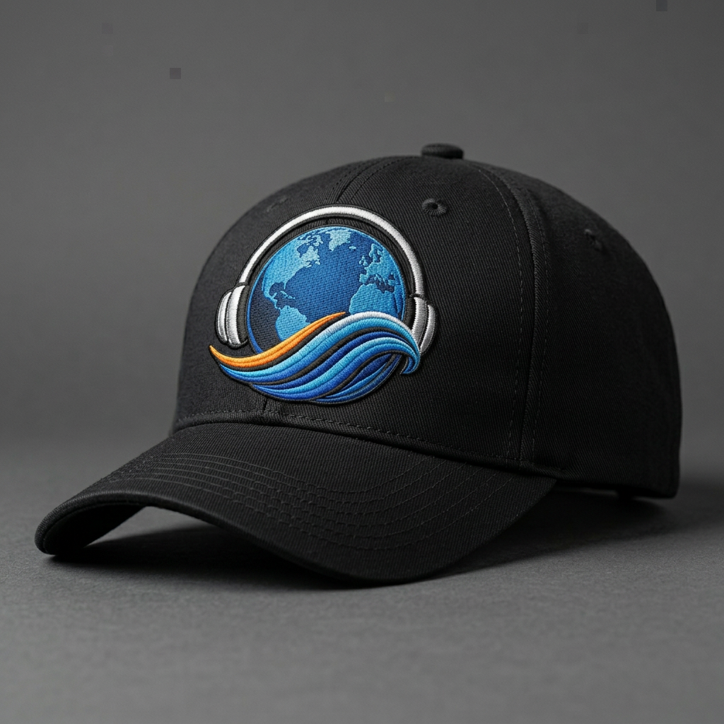 Black baseball cap with the GlobeWave Radio globe-and-headphones logo on the front panel