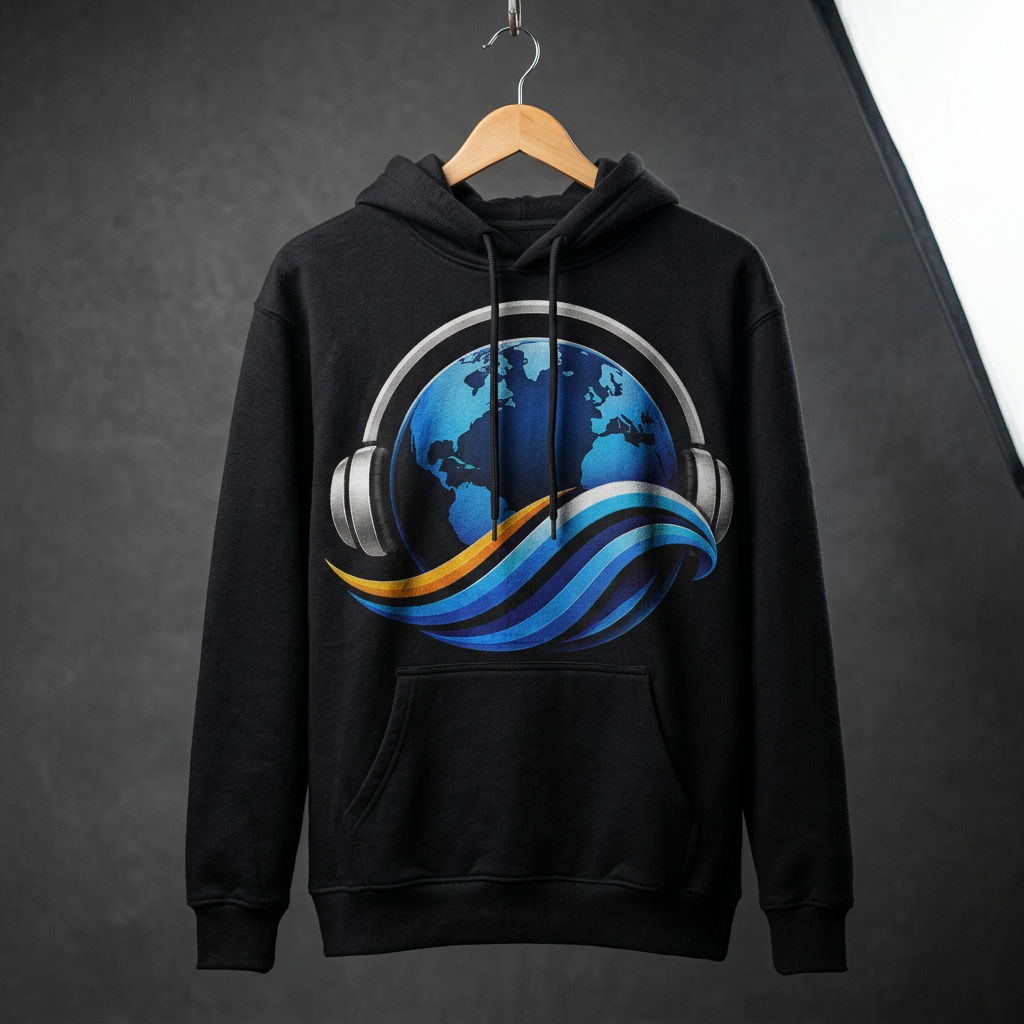 Black heavyweight hoodie with the GlobeWave Radio globe-and-headphones logo printed on the chest