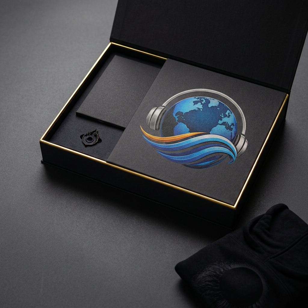 Black collector's box set with gold foil edges and the GlobeWave Radio logo embossed inside