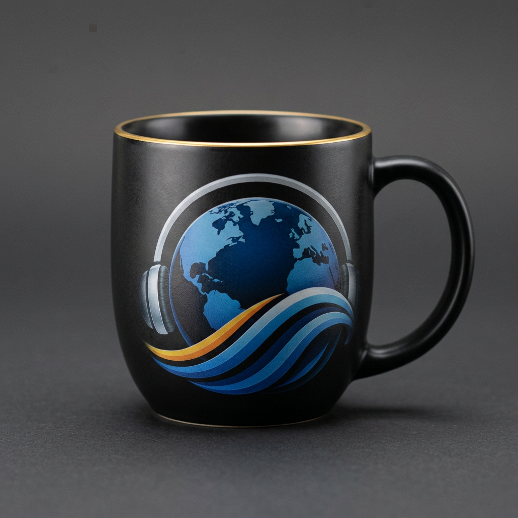 Matte black ceramic mug with a gold rim and the GlobeWave Radio globe-and-headphones logo