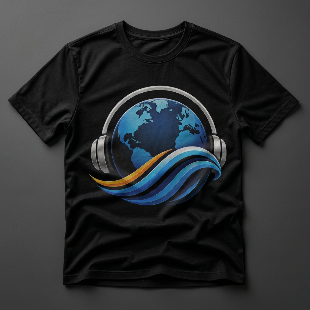 Black premium t-shirt with the GlobeWave Radio globe-and-headphones logo printed on the chest