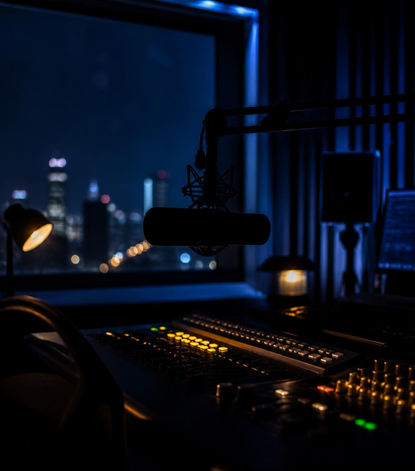 Radio broadcast studio at night with a microphone and mixing console lit in deep blue